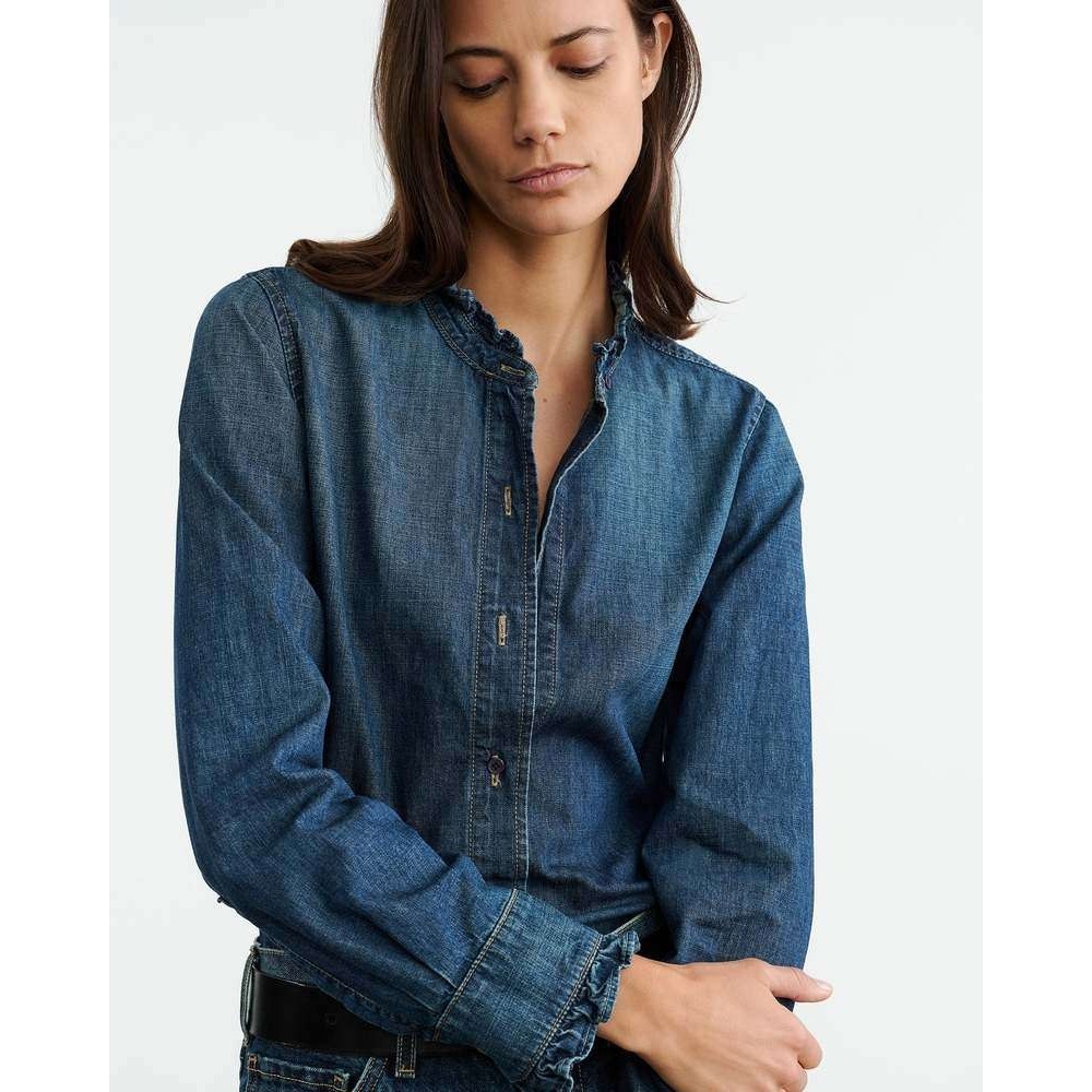 Nili Lotan Classic Wash Lydia Denim Ruffle Collar Shirt Made in USA Small $495 - Picture 2 of 12